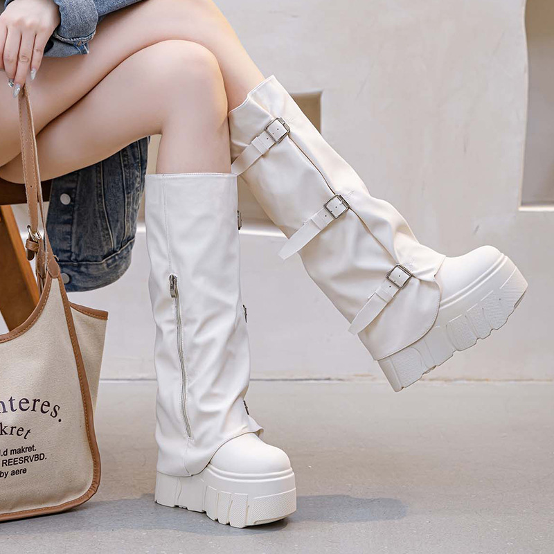 14cm Heel Knee High Boots Plat - Zip Up Boots Short 评论和价格